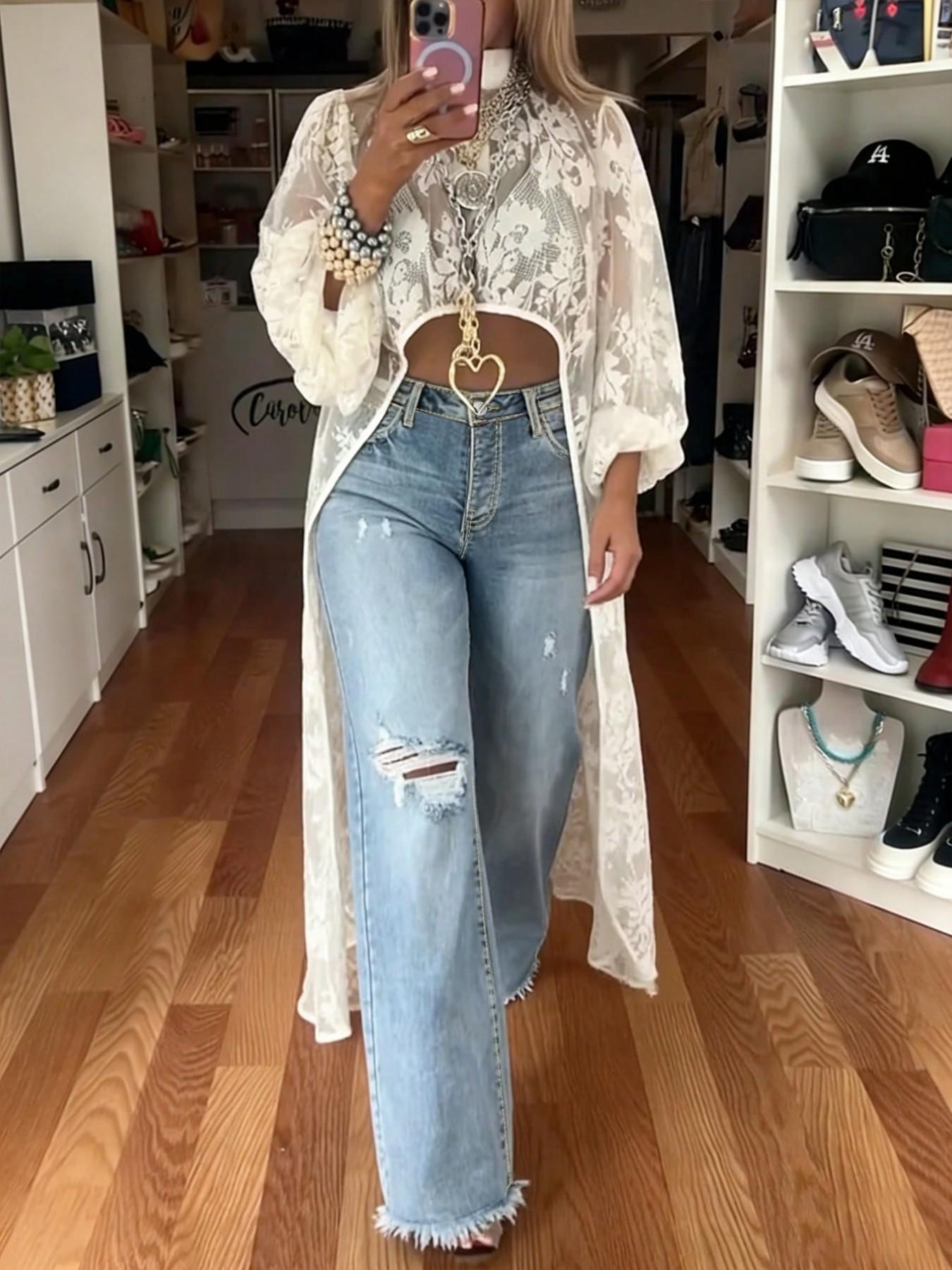 Light Wash High Waist Full Length Wide Leg Distressed Jeans For Women Casual, Trendy Denim Jeans, Comfortable & Stylish, Perfect for Casual Wear, Women's Fashion, Denim Bottoms