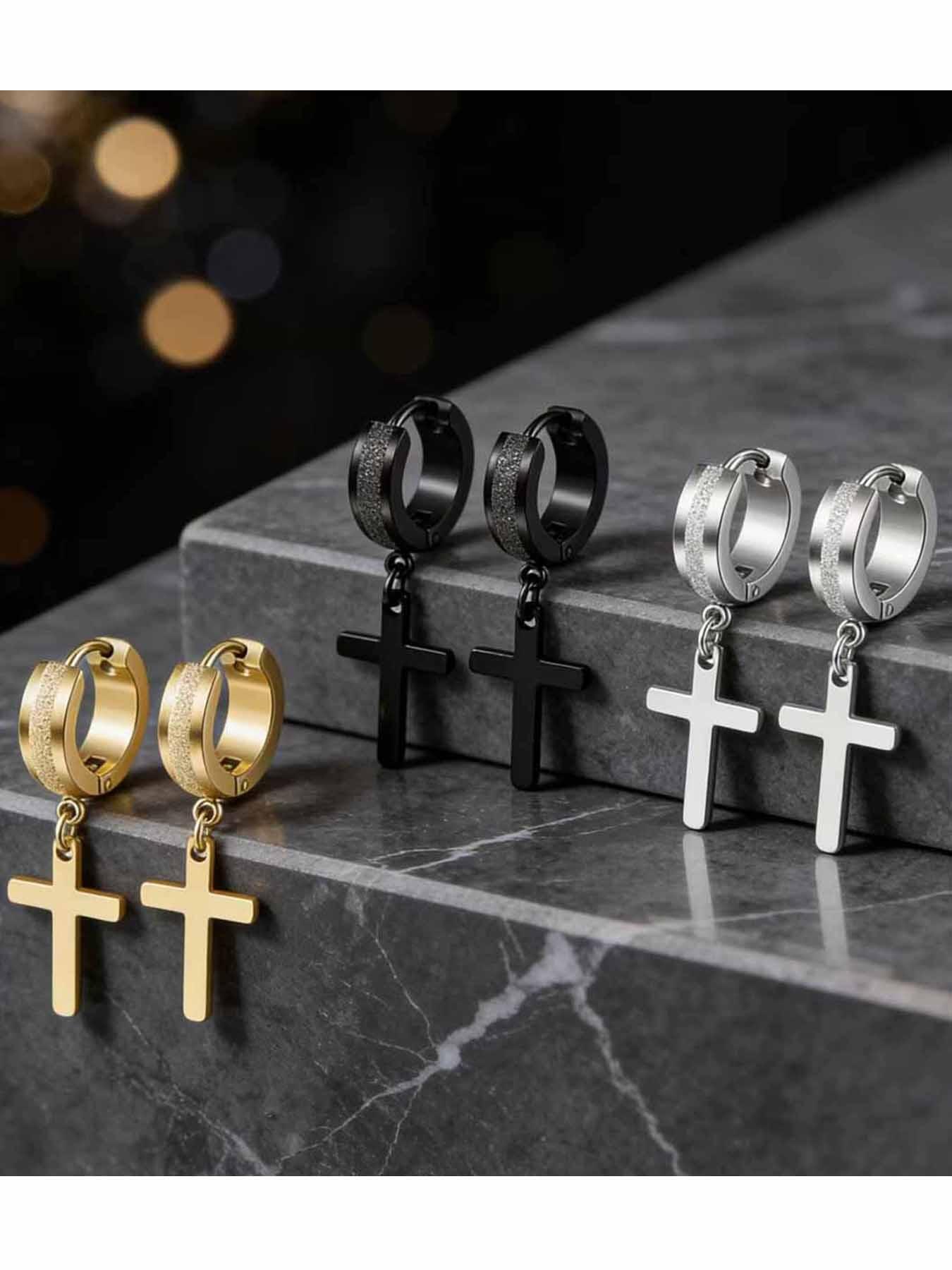 3 Pairs High-End Matte Finish Earrings, Cross Pendant Studs, 304 Stainless Steel, Classic Round Clip Design, Unisex, Versatile Jewelry