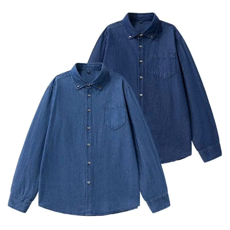 Men's 100% Cotton Loose-Fit Denim Button-Down Shirt - Button-Down Collar, Chest Patch Pocket, Long Sleeve, Vintage Washed, Medium Length, Machine Washable Daily Versatile Outer Top #sohochic