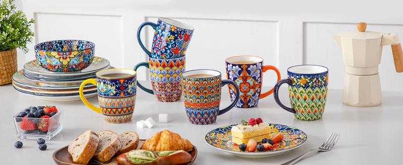 vancasso Simi 16 Oz/12 Oz Multicolor Porcelain Cups for Latte, Hot Tea, Cappuccino, Cocoa, Soup, Dishwasher, Microwave Safe, Set of 6 Ceramic Drinkware Stylish Drinkware Coffee