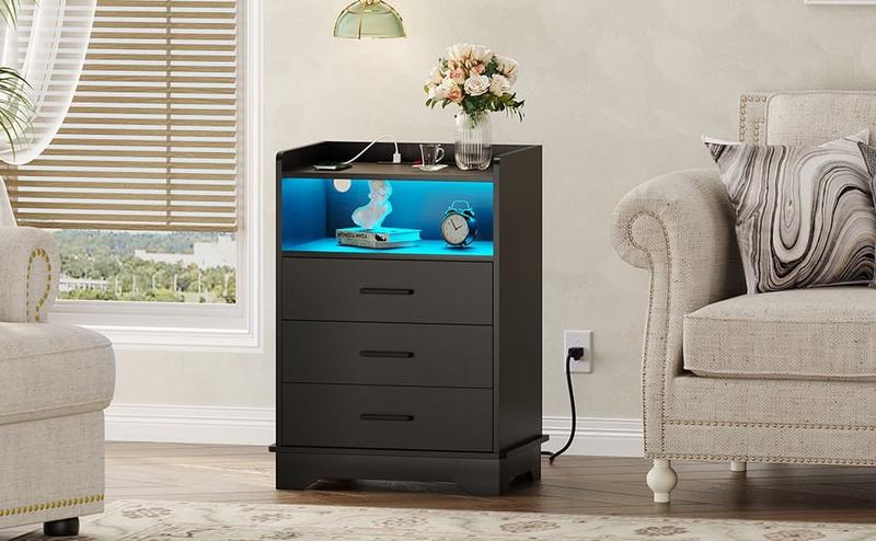 Sikaic LED Nightstand With Charging Station 3 Drawers And Open Storage Black Unique Bedroom Furniture Apothecary Cabinet
