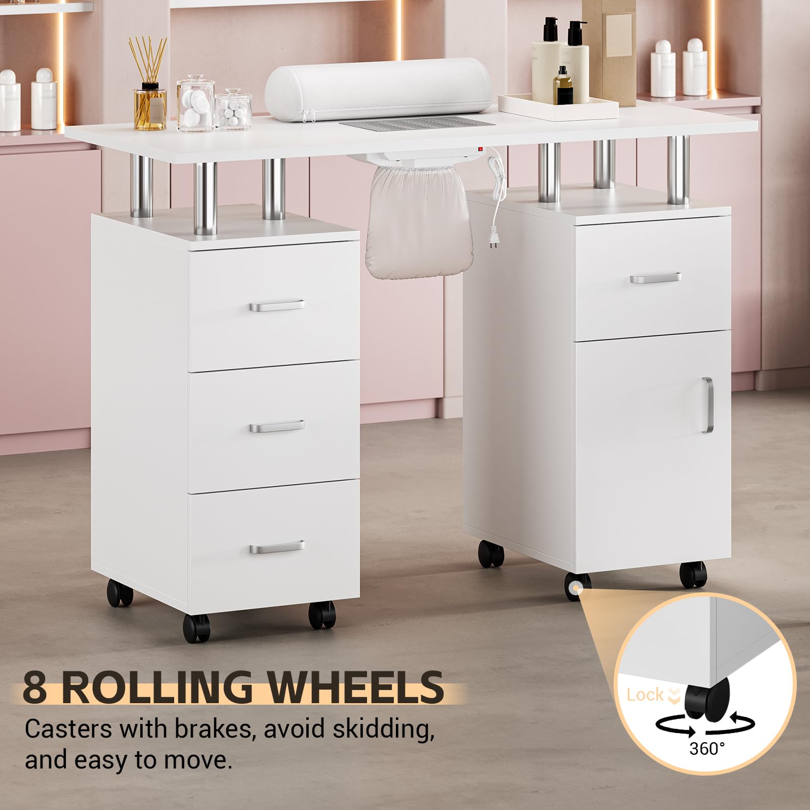 Beauty Salon Resistant with Drawers & Cabinet, Nail Desk Station for Nail Tech with Electric Downdraft Vent & Locking Castors & Wrist Cushion, Manicure Table Nail Desk for Spa Beauty Salon