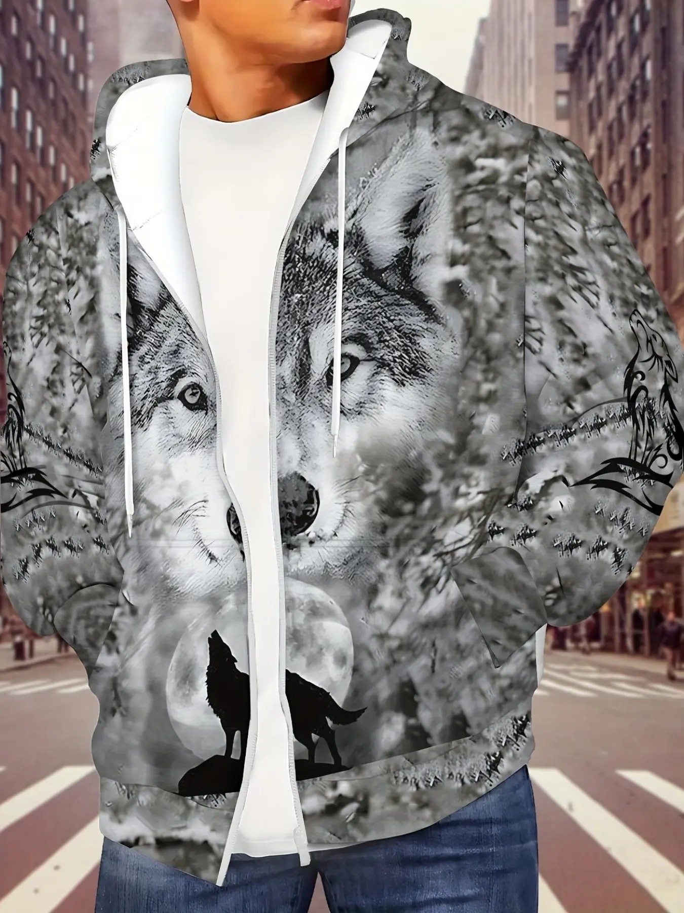 Wolf Pattern Hooded Zipper Sweatshirt, Unisex 3D Print Outdoor Casual Jacket, Thickened Fall Winter Outer Vest, Loose-Fitting Graphic Style