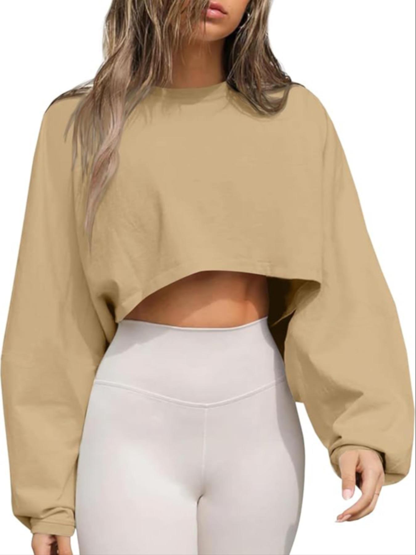 Women's Long Sleeve Round Neck Crop Top T-Shirt, Casual Solid Color Loose Pullover Sweatshirt, Perfect for Sports & Daily Wear, Casual Sporty Top