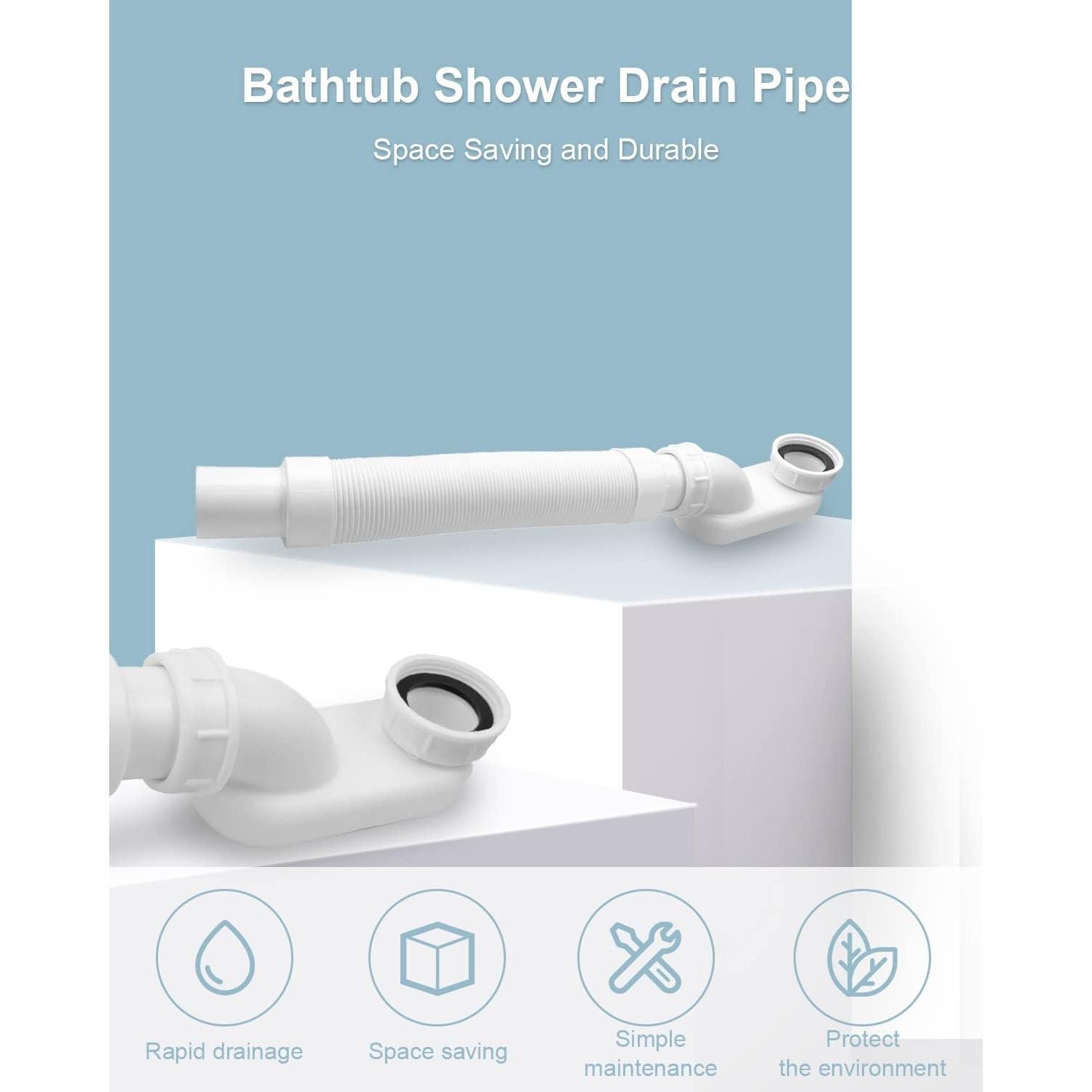 Bathtub Shower Drain Pipe, Low Profile Flat 1 1/2 P  Kit, Flexible Freestanding Tub Drain for Bath White