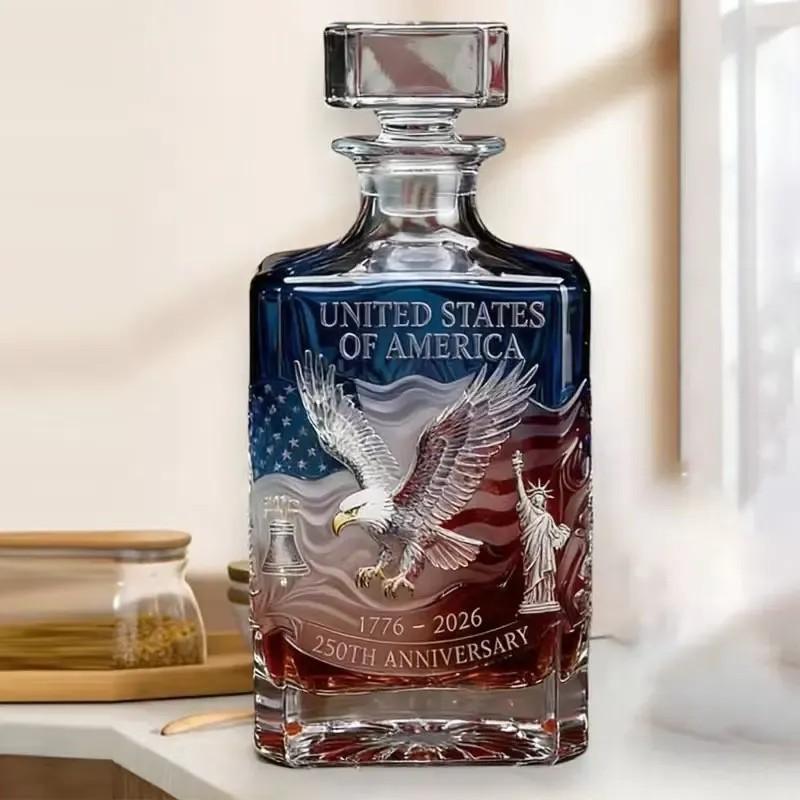 Unique 250 Year Commemorative Whiskey Decanter, Handcrafted Glass Bottle, Great Gift for Him, Bar & Man Cave Decor, 250th Anniversary Theme