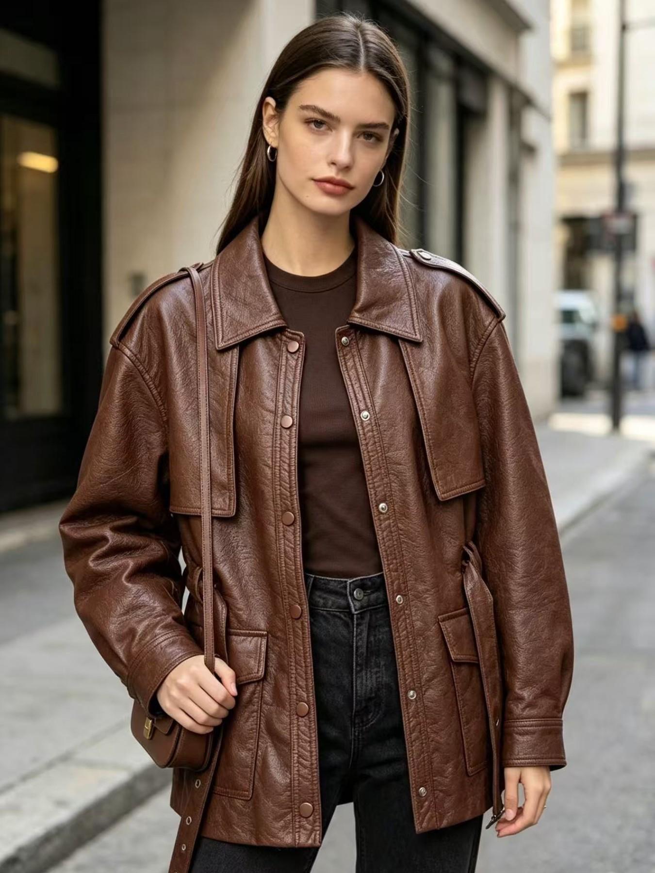 Vintage Style Women's Coat, Lapel Collar Shoulder Patch Design, Waist Belt, Multiple Pockets, Mid-Length, Commuter Jacket
