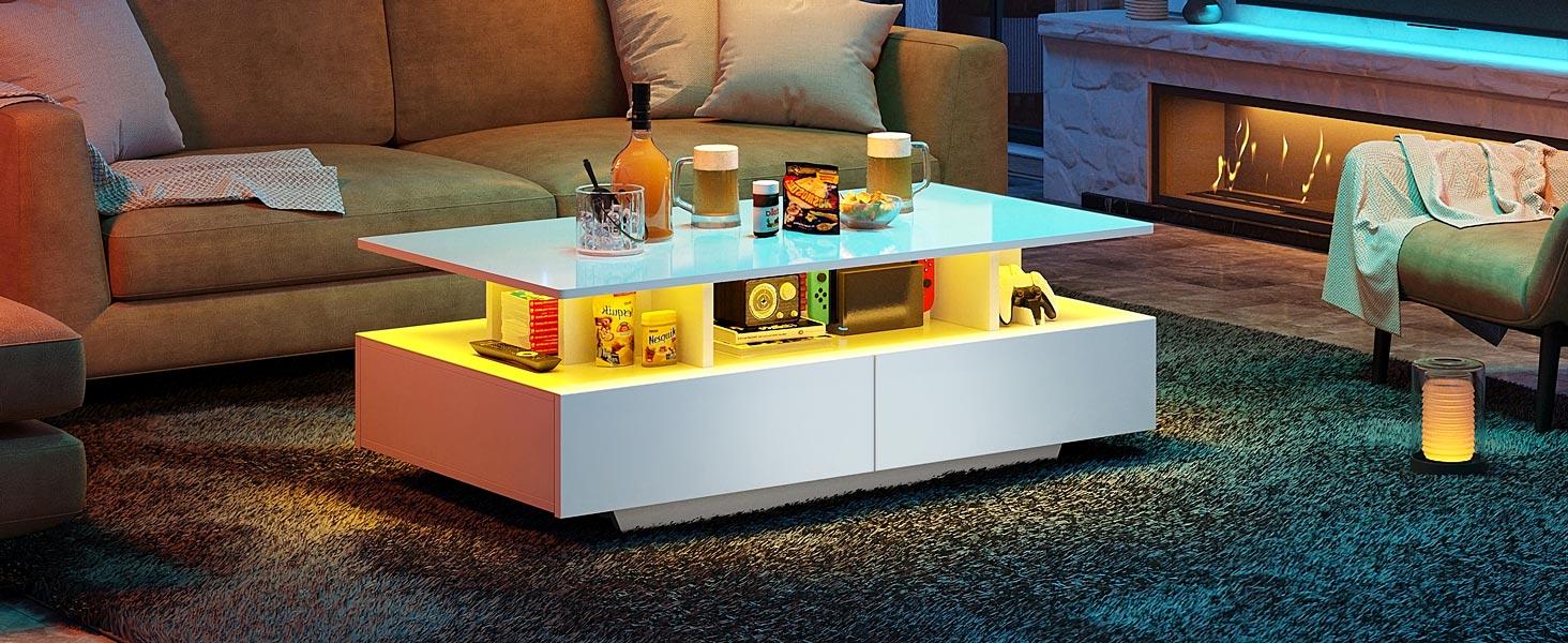DWVO LED Coffee Table with Storage, High Glossy LED Coffee Tables for Living Room, Small Center Table with Open Display Shelf & Sliding Drawers