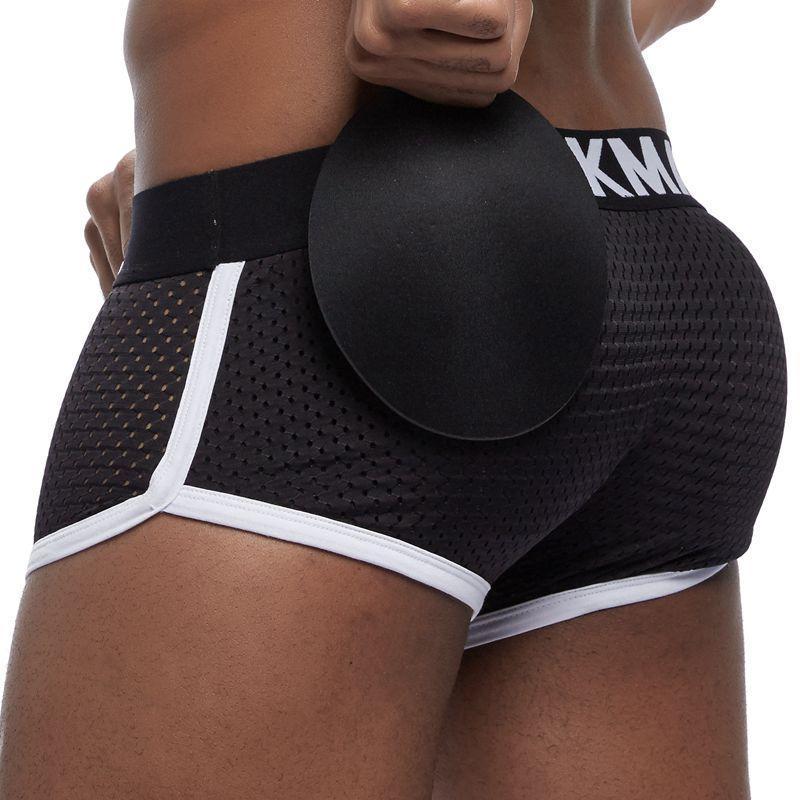 Boxer Mens Package and Butt Padded Underwear Enhancing Trunks Mesh Breathable with Hip-up Enhancing Removable Front and Hip Pads