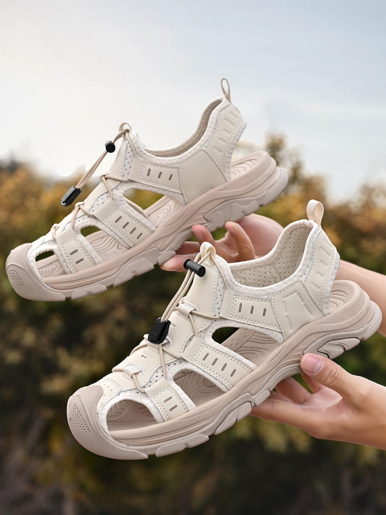 Men's Black and White Drawstring Closed-Toe Outdoor Sandals Thick-Soled Non-Slip Hollow-Out Water Shoes Breathable Durable Beach Hiking Shoes