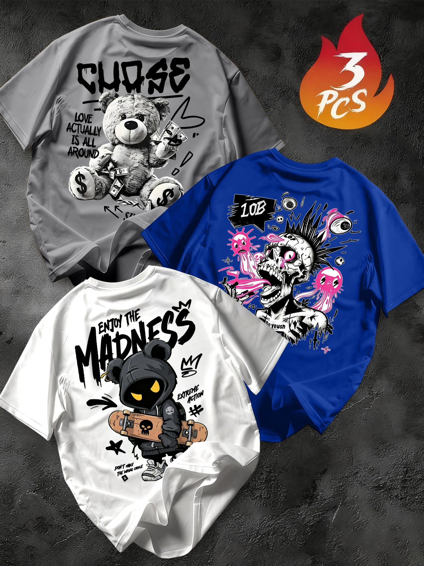 Men's 3-Pack Graffiti Round Neck Short Sleeve T-Shirts, Unique Cool Prints, Loose Fit, Casual Street Style, Streetwear, Daily Wear, Menswear