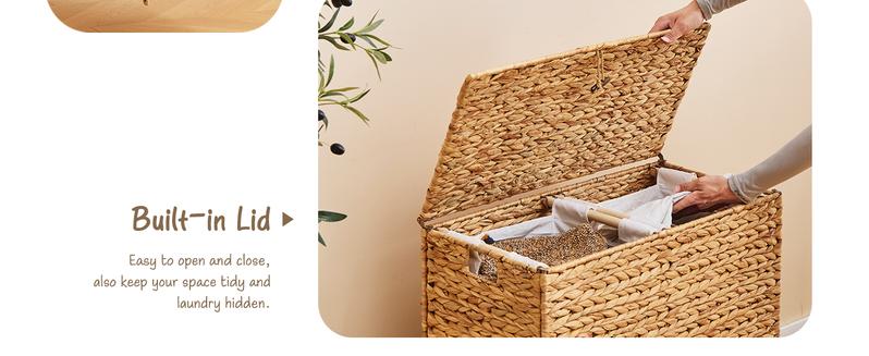 Handwoven Laundry Hamper with Lid, Natural Water Hyacinth Heightened Feet Laundry Basket, Wicker Clothes Hamper with Removable Liner Bag, Clothes storage, Handmade Laundry (229)