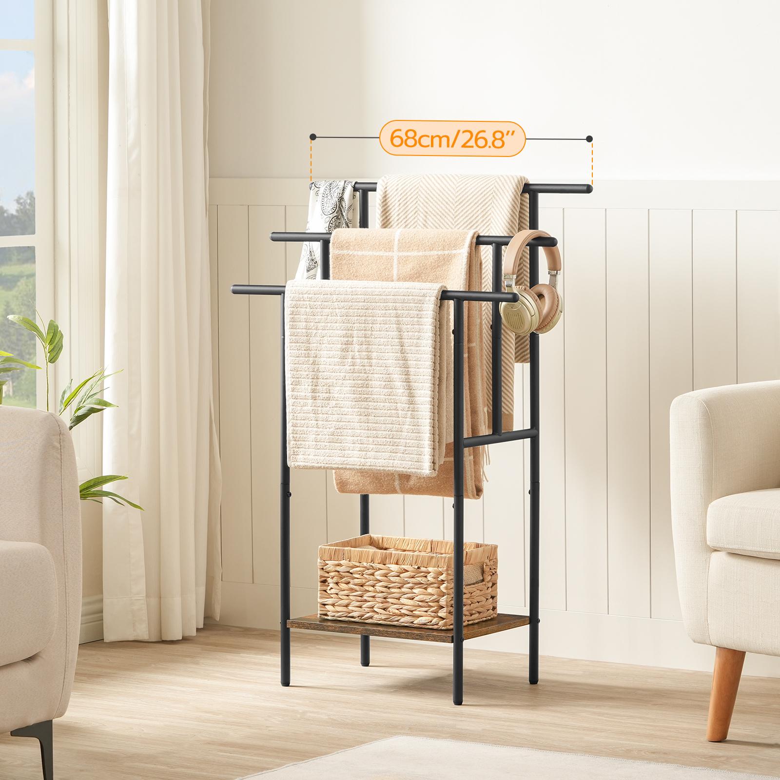 HOOBRO 39.4" Tall Freestanding Towel Rack for Bathroom, 3 Tier Stepped Blanket Rack with Shelf, Oversized Bath Towels Drying and Display Rack, Black and Rustic Brown