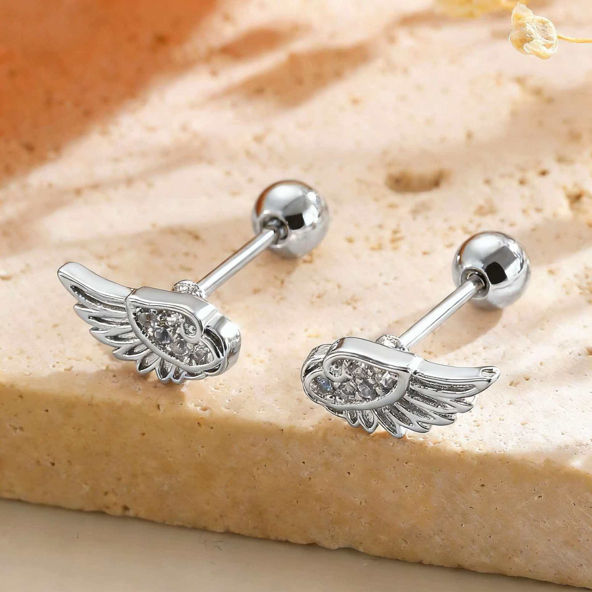 Angel Wings Design Couple Cartilage Piercing Ear Studs, Sweet and Cool Hot Girl Style Micro Inlaid Zirconia Earrings