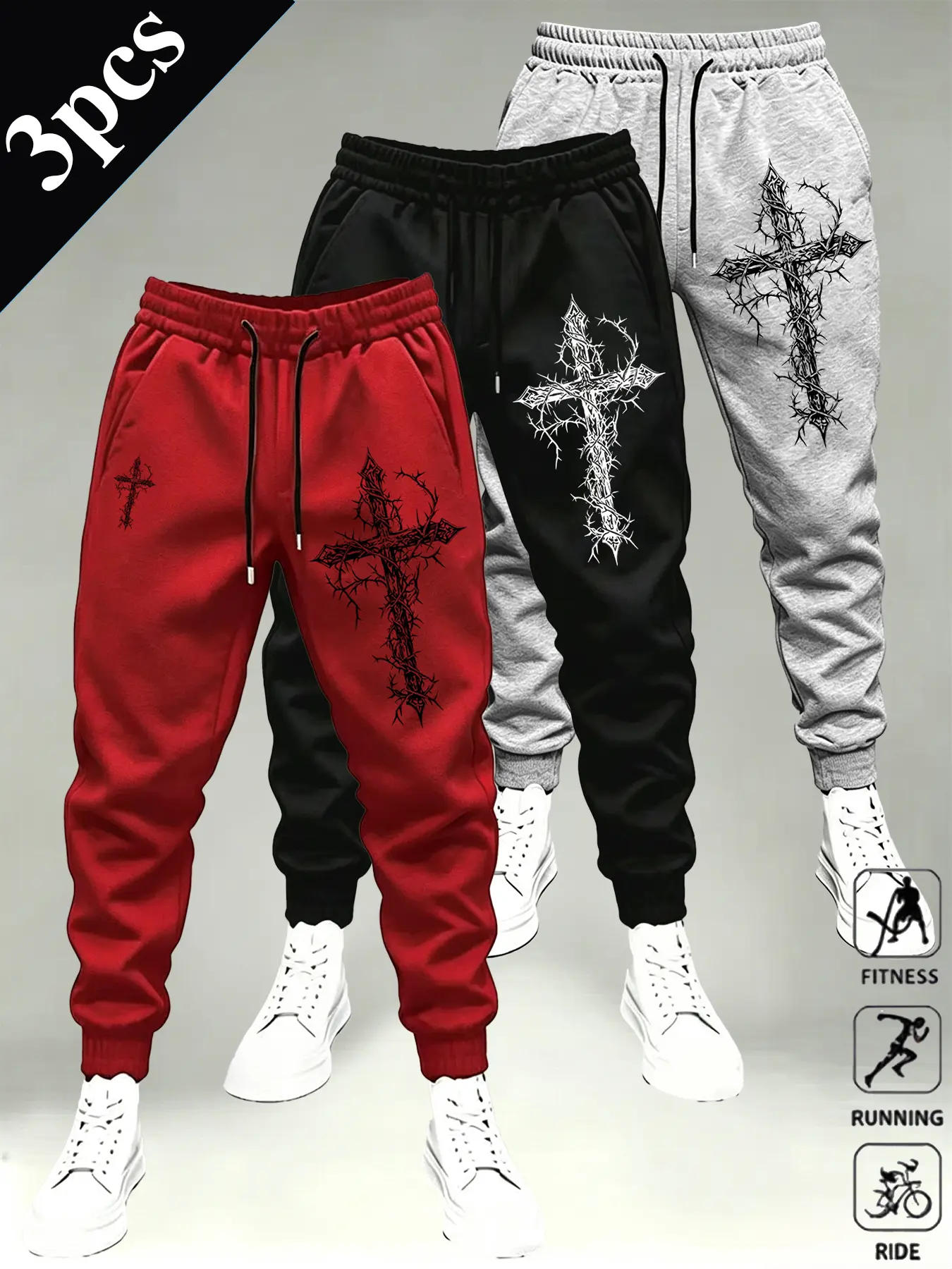 Hip Hop Gothic Style Men Sweatpants, Thorn Cross Pattern Joggers, Drawstring Waist Casual Trousers, Trendy Streetwear Bottoms