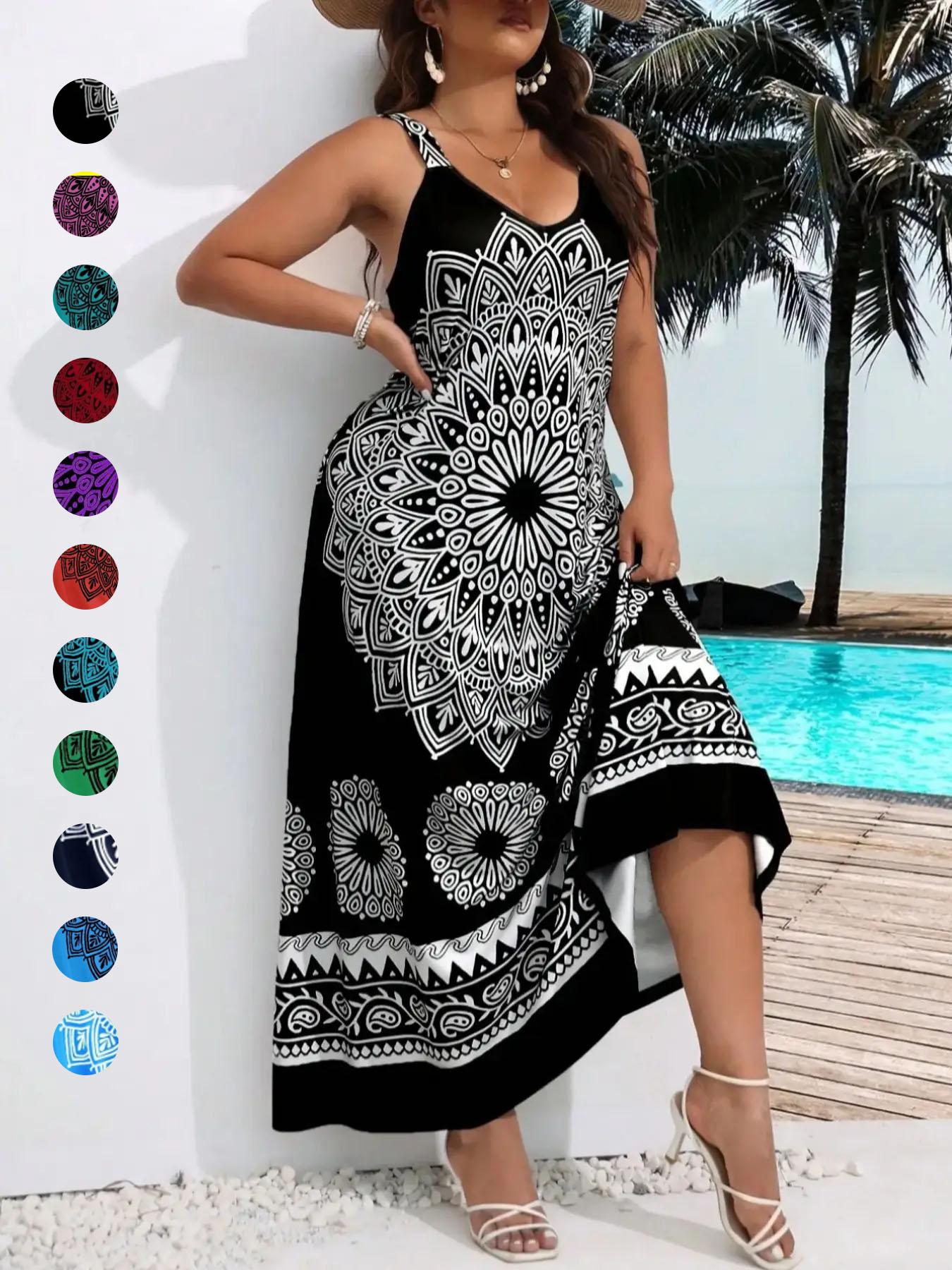 Plus Size Ethnic Pattern Backless Scoop Neck Cami Fitted Dress, Casual Boho Fashion Sleeveless A Line Long Dress for Beach Holiday Vacation, Women's Plus Clothing for Summer