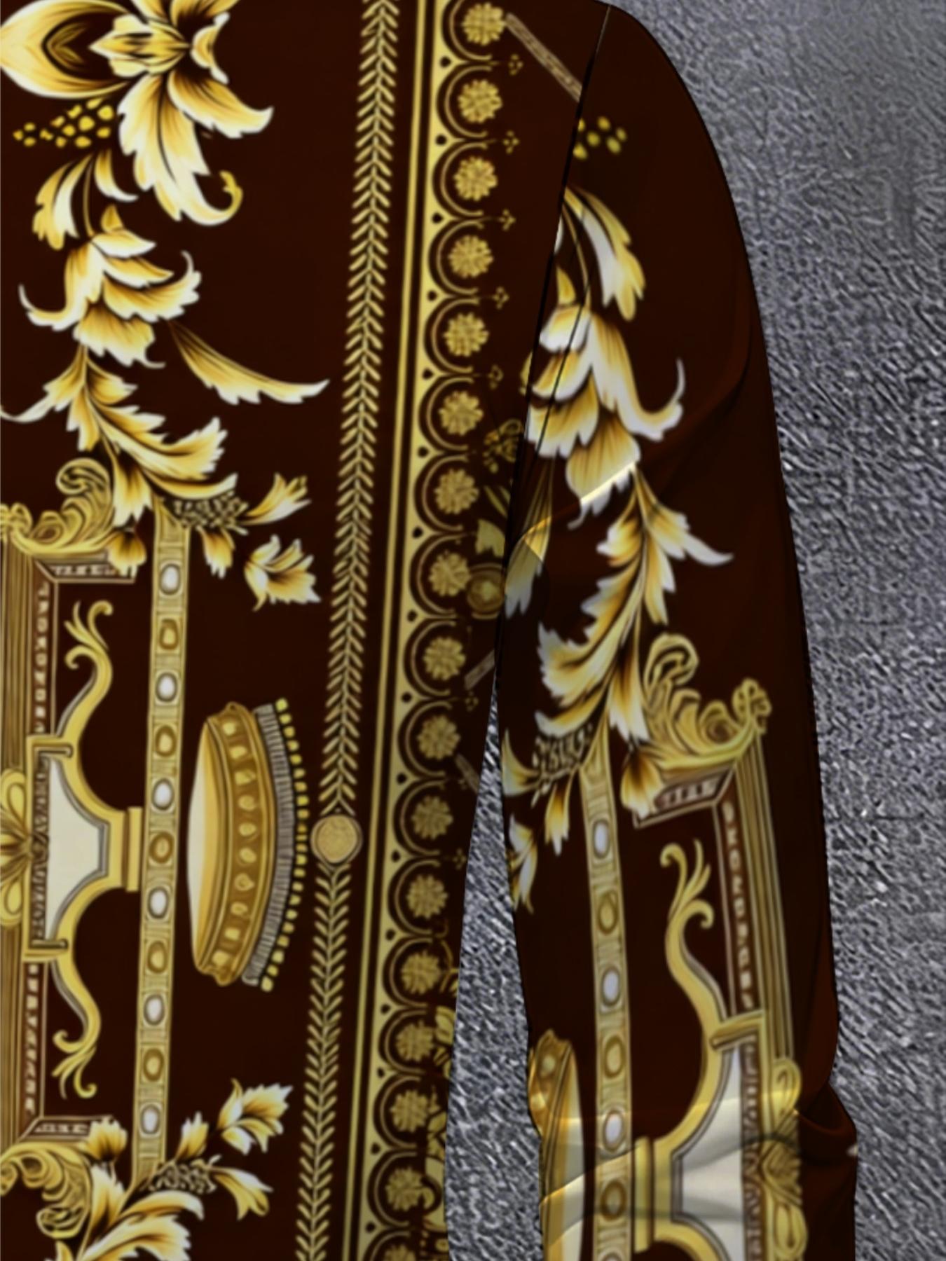 Men's Long Sleeve Shirt dark brown golden baroque print Novelty Pattern