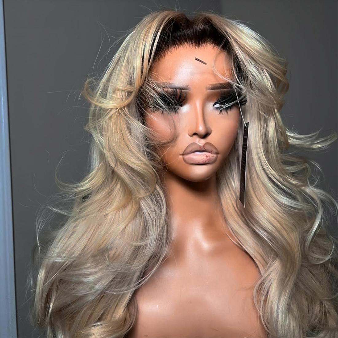 180% Density Milk Tea Ombre Ash Blonde Lace Front Wig Human Hair Upgrades 13x6 Body Wave Lace Front Wig for Women Hd Invisible Frontal Pre Plucked Brown Root Ombre Human Hair Wig SpringStatements