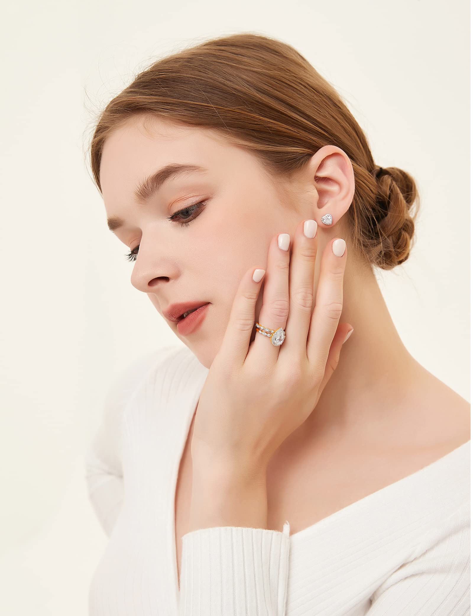 EAMTI 1.25CT 925 Sterling Silver Bridal Ring Sets Teardrop Cut Engagement Rings Vintage Pear Promise Rings Marquise Wedding Bands for Women