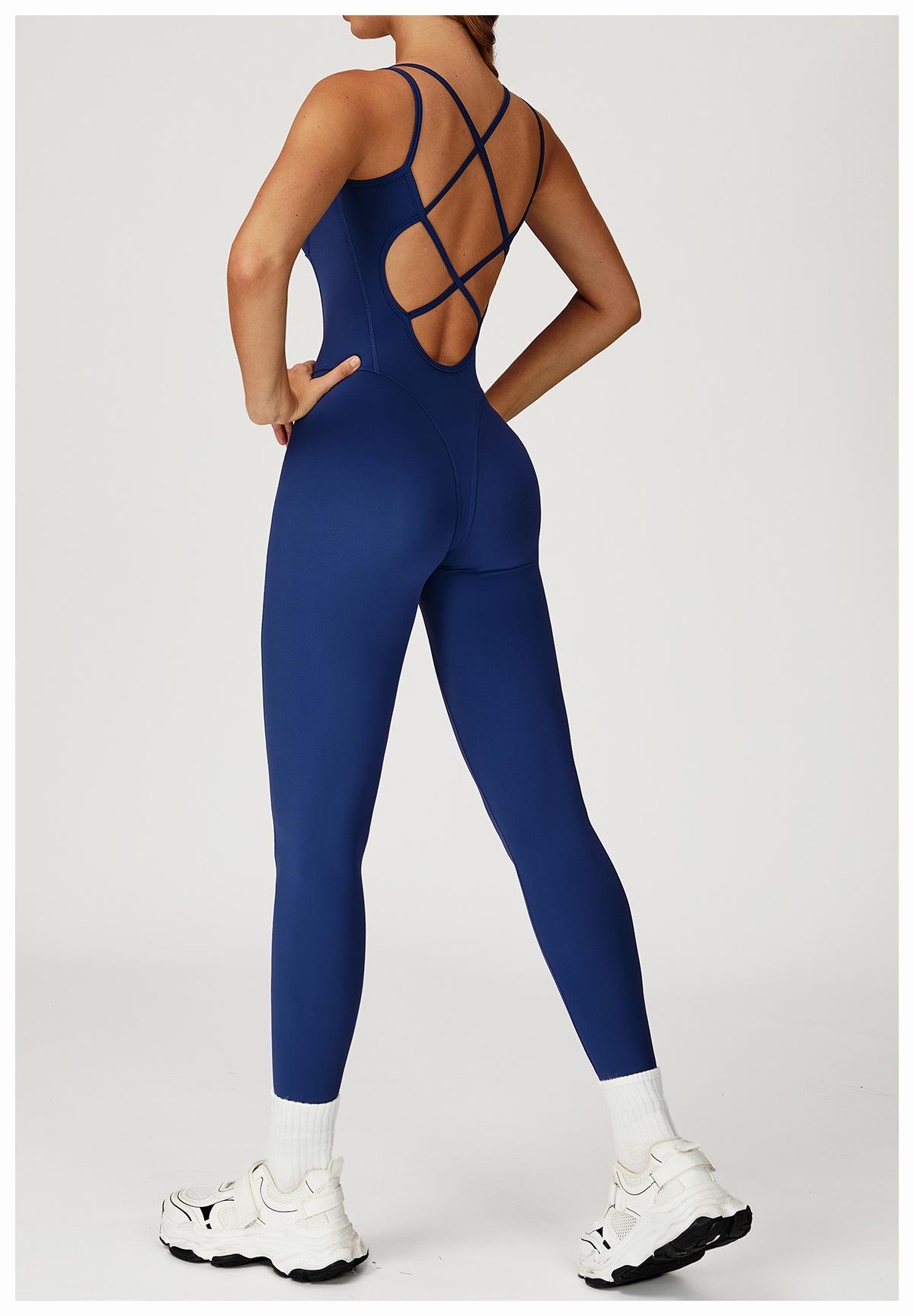 Nude-feel one-piece bodysuit with cross-back design, slim-fit yoga wear for outdoor running and fitness activities