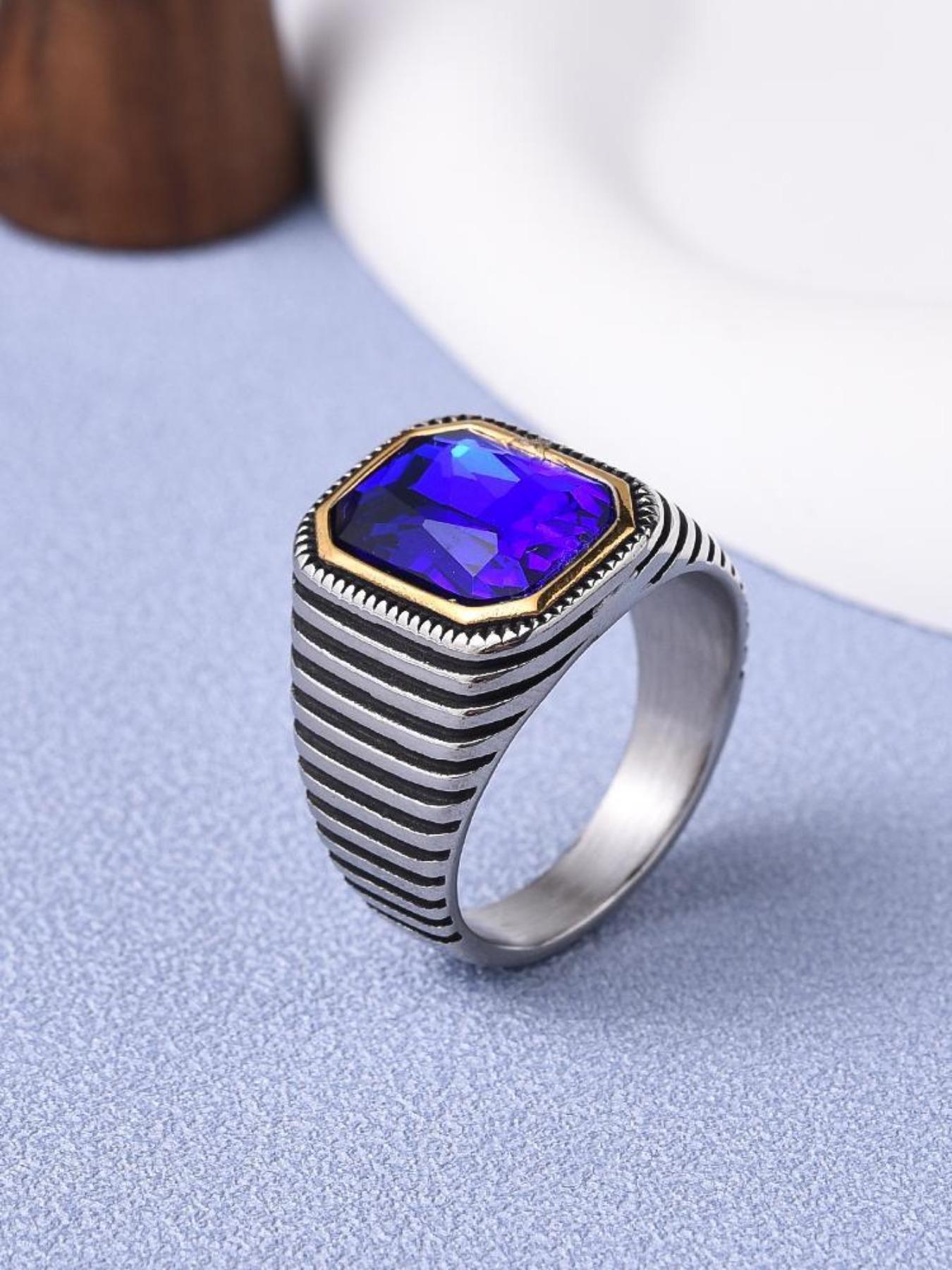 Men's Luxury Gemstone Ring, 18K Gold Plated Stainless Steel, Red Corundum Square Diamond with Strong Design Sense