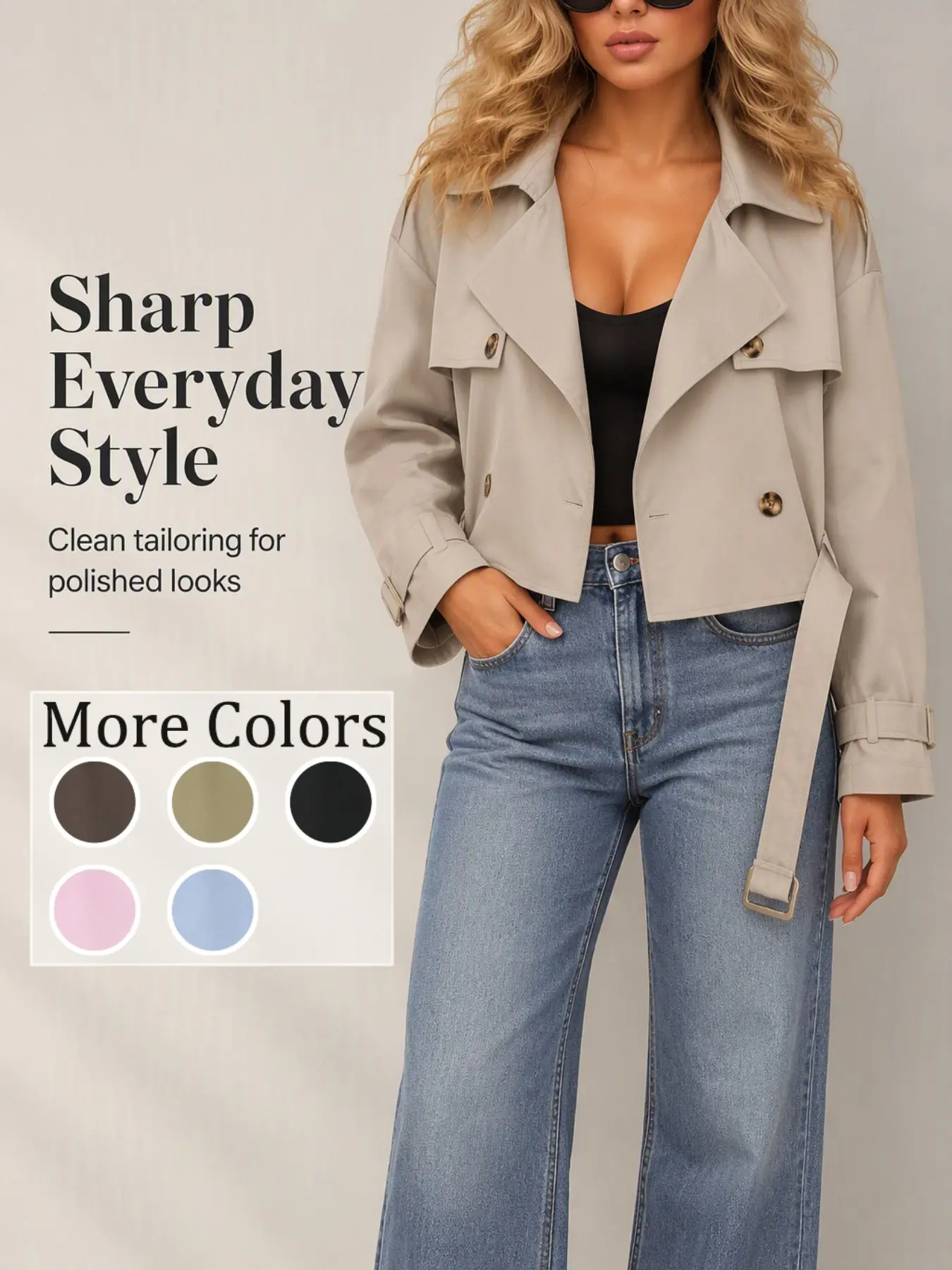 Short Windbreaker Jacket Women, Classic Notched Lapel Design, Loose Long Sleeve, High Waist Style, Early Autumn Casual Retro Outerwear Coats