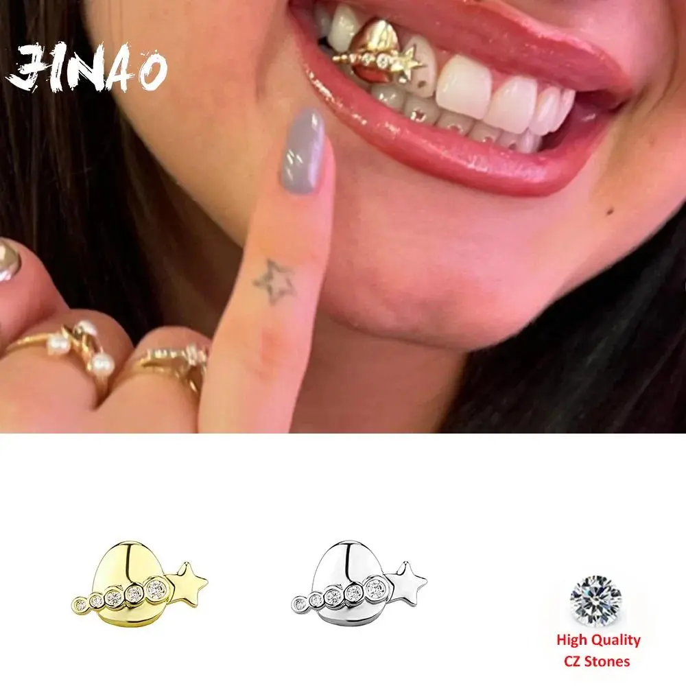 JINAO Hip Hop One Row Meteor star Single Teeth Round CZ Grillz Men Top&Bottom shinny Grill Punk Rapper Christmas Gift