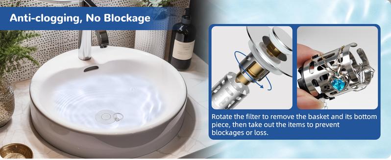 Hibbent Upgraded 3 in 1 Bathroom Sink Drain Strainer, Universal Pop Up Stopper with Removable Stainless Steel Filter Basket Hair Catcher, Sink Plug for 1.1''~2.36'' Basin, Brass Bullet Core, Chrome