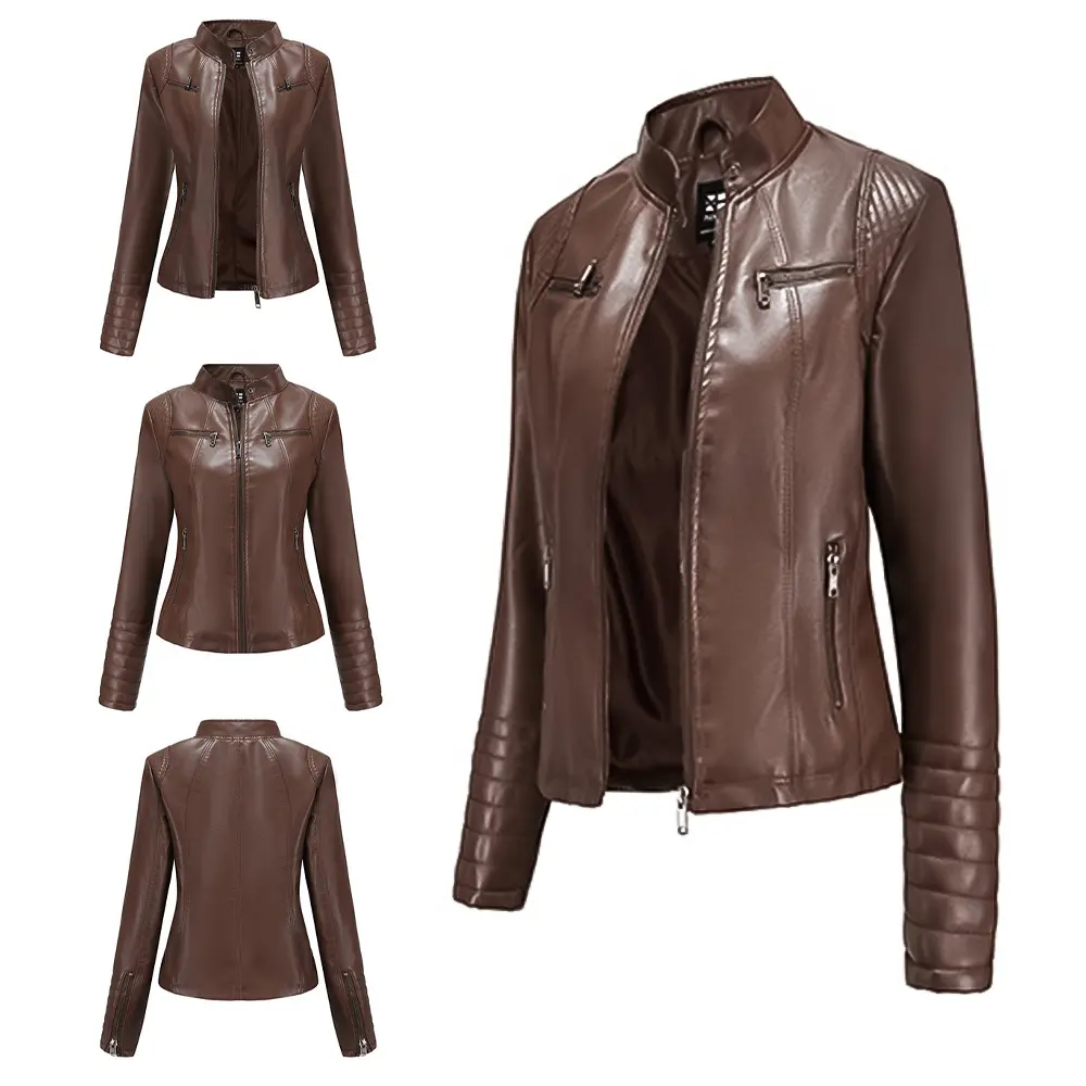 Women's Faux Leather Motorcycle Jacket, lightweight biker jacket, short jacket, elegant and casual style, stand-up collar design, classic vintage zipper, slim fit, loose and comfortable, suitable for spring and autumn