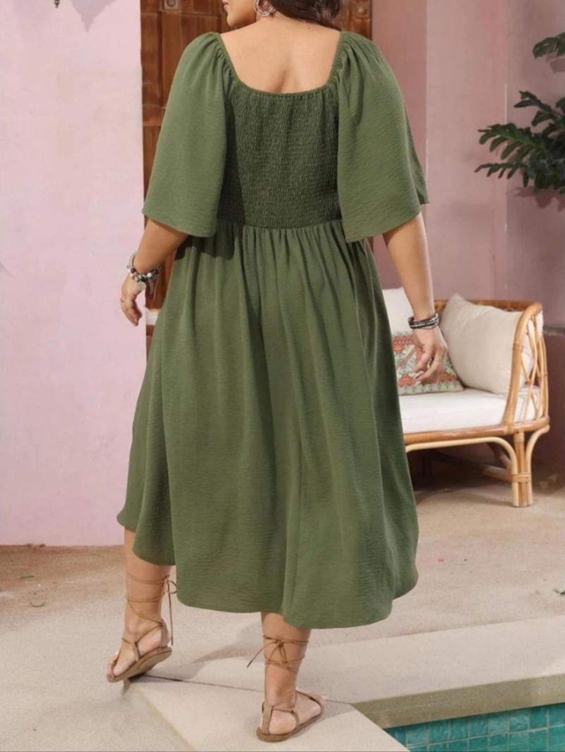 【Plus Size】 Solid Color A Line Dress, Casual Half Sleeve Dress for Spring & Fall, Women's Clothes for Daily Wear