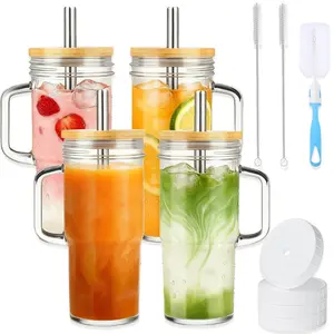 Nifogo Glass Cups with Lids and Straws - 24Oz Tumbler with Handle and Straw Glass Water Bottles Drinking Glasses with Straws Iced Coffee Cups Travel Coffee Mug Smoothie Tumbler Drinkware #Summer vibes