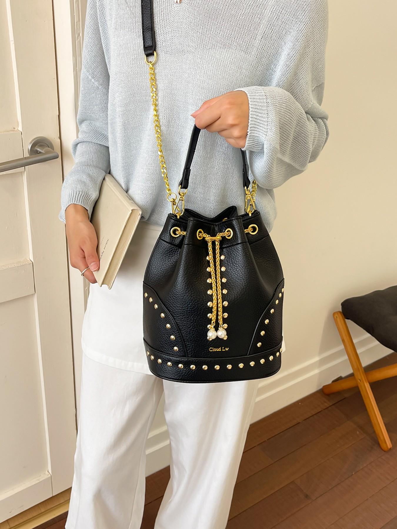High-Quality Leopard Texture Rivet Drawstring Bucket Bag, Vintage Luxury Pearl Chain Shoulder Crossbody Bag, Women's Mini Storage Bag, Faux Leather Crossbody, Stylish Chain Bag