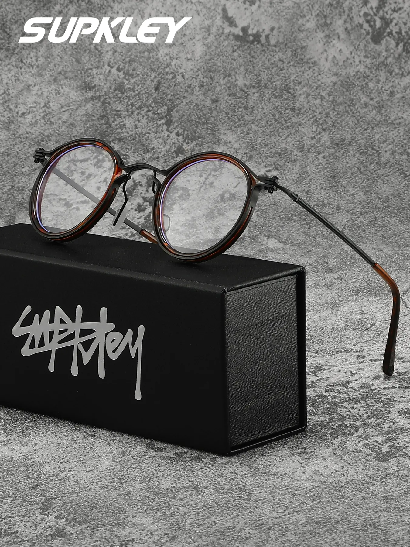 SUPKLEY Vintage Round Clear Lens Glasses Men, Round Frames, Black Full Rim Stainless Steel Spliced Frame Rubber Nose Pad Anti-Slip Fashion Non-Prescription Eyeglasses for Back to School, Graduation