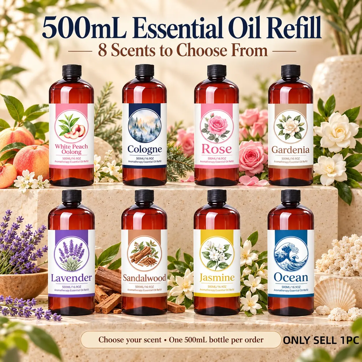 500ML Fragrance Essential Oil Refill, Large Capacity, Multiple Scents, Diffuser Humidifier Oil, Home Office Car Hotel Use, Brown Bottle Design