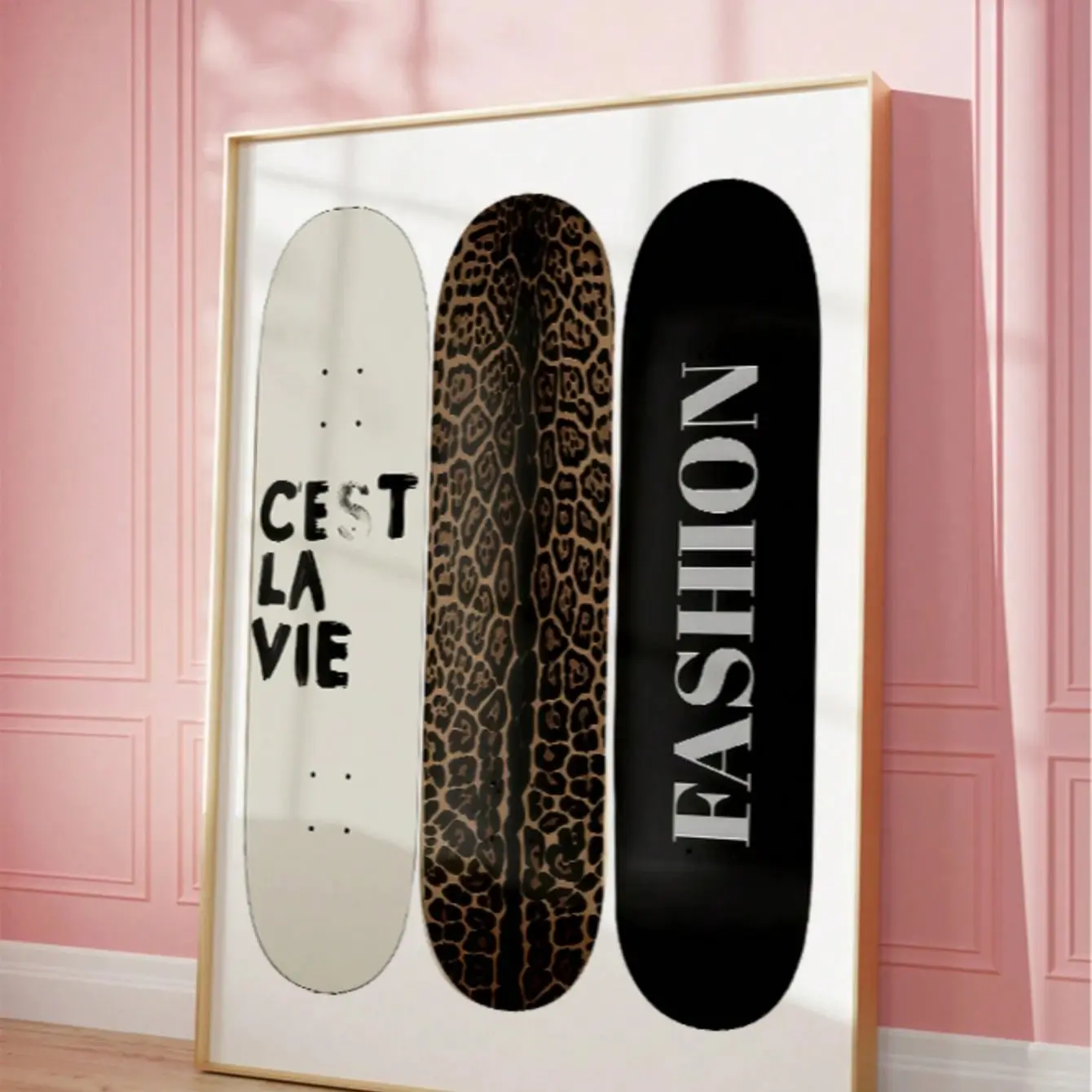 1pc Skateboard Wall Decor, Cream C'est La Vie Letter Print, Retro Leopard Pattern & Black Vertical FASHION Skate Deck Poster, Street Aesthetic Bedroom Dorm Canvas Hanging, Modern Apartment Interior Frameless Wall Art Print For Home Decoration