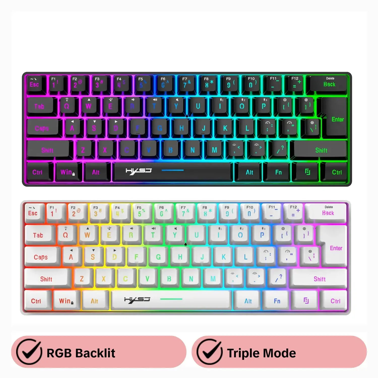HXSJ 60% Wireless PC Gaming Keyboard, 61-key Triple Mode BT5.0/2.4G/USB-C Wireless Keyboard, RGB Backlit Ultra-compact Mini Keyboard for iPad MAC Windows, RGB Backlight Keyboard