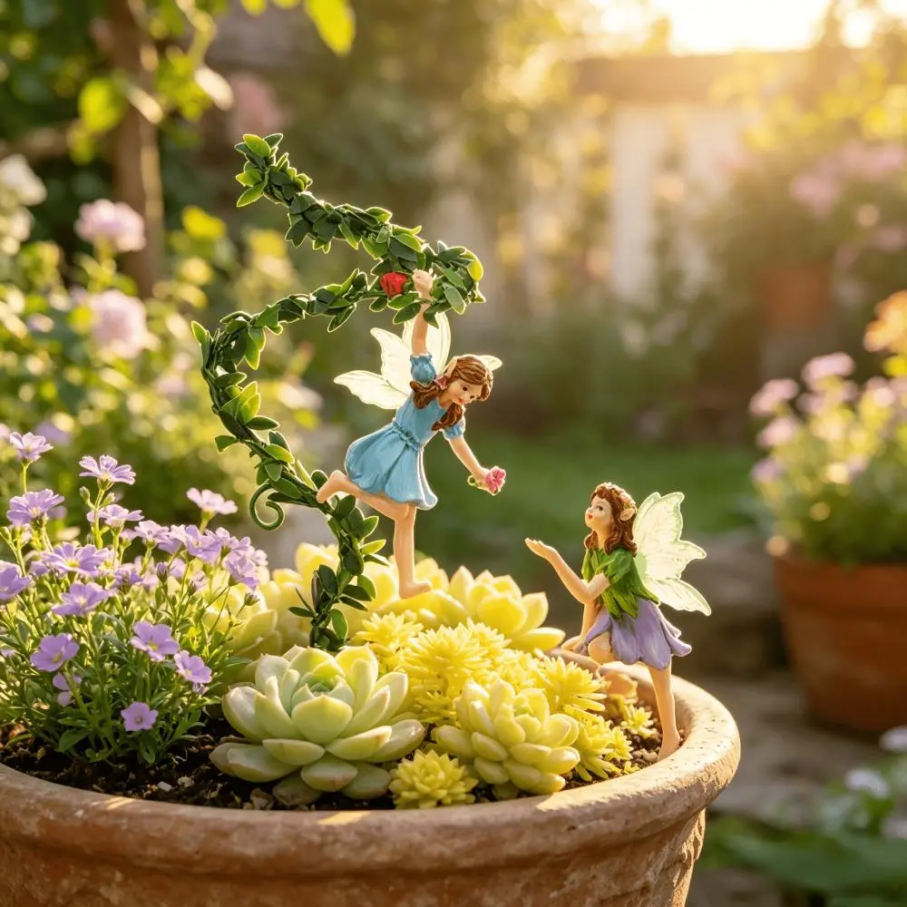 2PCS Whimsical Fairy Garden Statue Set with Hanging Vine Stake, Hand‑Painted Resin Miniature Fairy Figurines, Cute Micro Landscape Ornaments for Bonsai, Succulent Planters, Patio, Yard & Outdoor Garden Decor, Creative Holiday Gift for Plant & Garden Lover