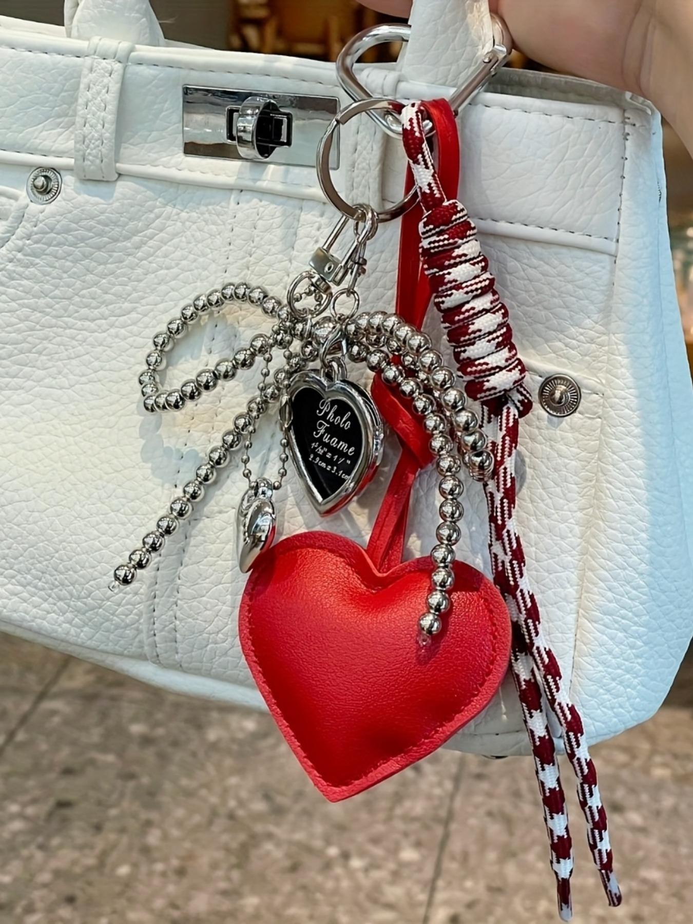 Y2K Gothic Women's Elegant Heart Shaped Keychain Handmade Beaded Silver Bow Charms Heart Love Keychain Bowknot Braided Rope Key Chain Bag Pendant Charm Hanging Accessories for Handbags,Wallet,Car Backpack & Key Pendants for Fashion Enthusiasts Black Red