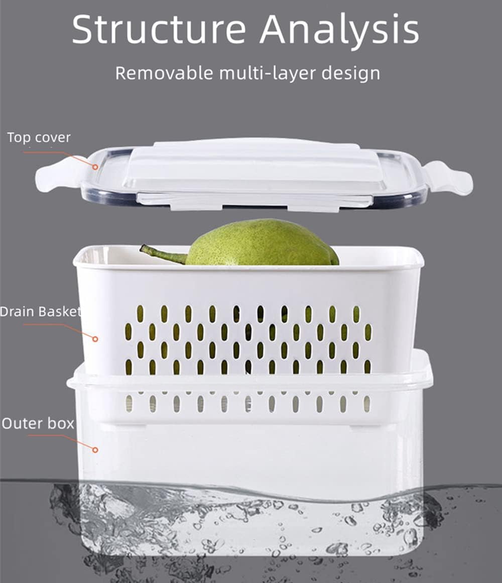 6-Pack Fruit Storage Containers for Fridge with Removable Colanders, 4 in 1 Produce Containers with Lids, Leakproof Fridge Organizer for Salad Berry Lettuce Vegetables Meat