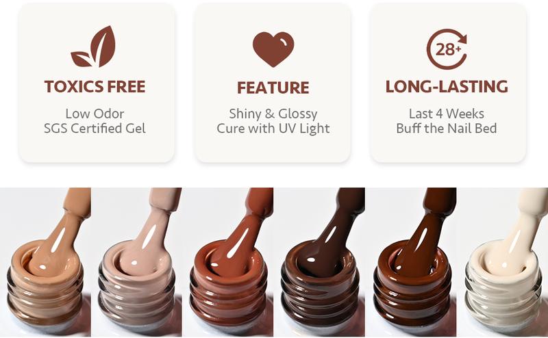 GAOY Chocolate Cake Nude Brown Fall Gel Nail Polish Set, 6 Colors White Beige Dark Tan Taupe Soak Off UV Light Cure Gel Polish Kit for Salon and Nail Art DIY at Home