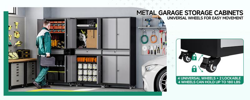 Letaya Metal Garage Storage Cabinet with Wheels, 72” Rolling Tool Cabinet, 4 Door Locks, Adjustable Shelves & Drawer for Home Office Utility Room Furniture Lockable
