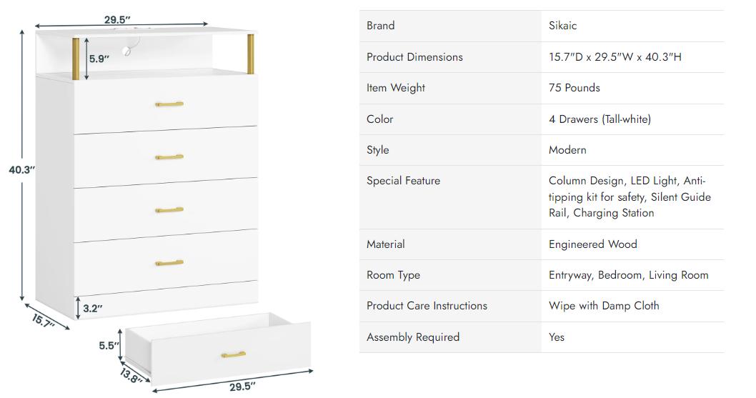 Sikaic Dresser for Bedroom with Column Design, 4 Drawer Dresser with Charging Station, Modern Bedroom Led Tall Dresser for Bedroom Closet