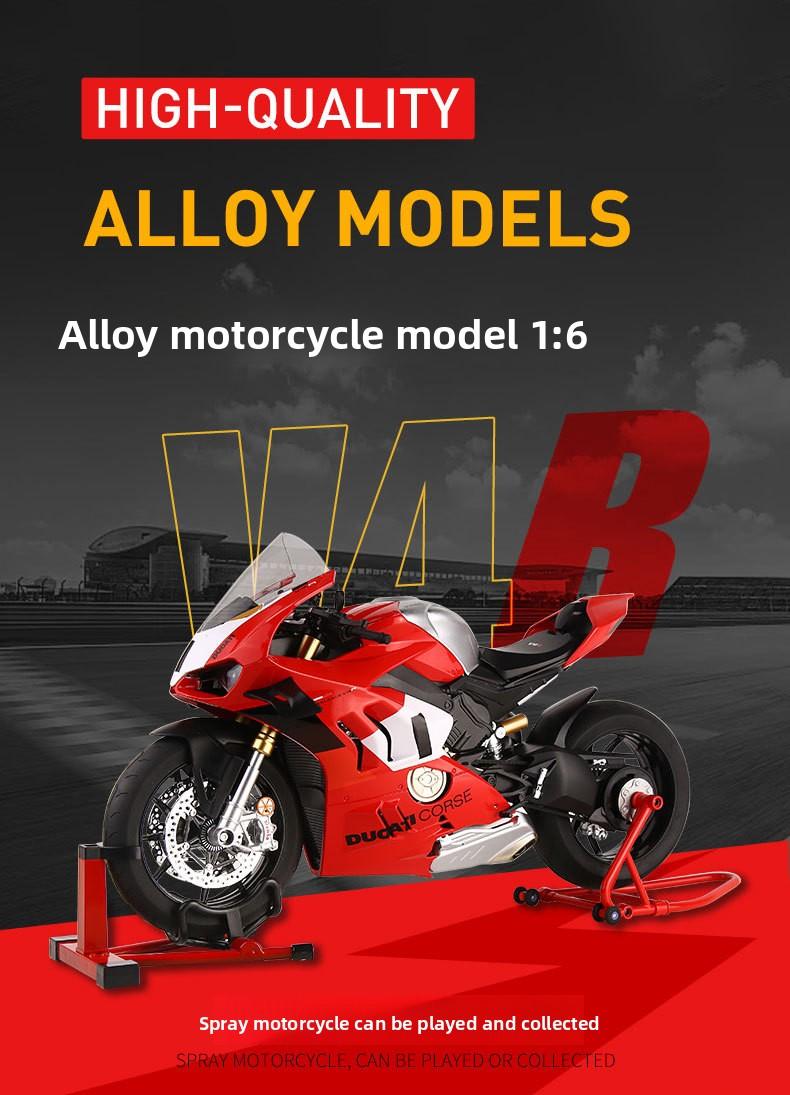 1:6 Ducati V4R electric motorcycle model, capable of starting, with flashing lights, chain-driven, rear wheel rotation, supports adding fuel to the fuel tank. It is an excellent choice for collection and gift giving.
