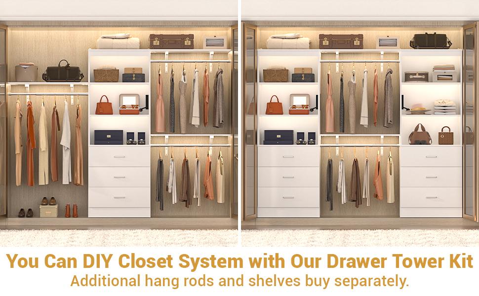 23.6" Storage Cabinet Bookshelf with Charging Station and 3 Wood Drawers, Freestanding Closet System with Storage Shelves, Wardrobe, Closet Rack