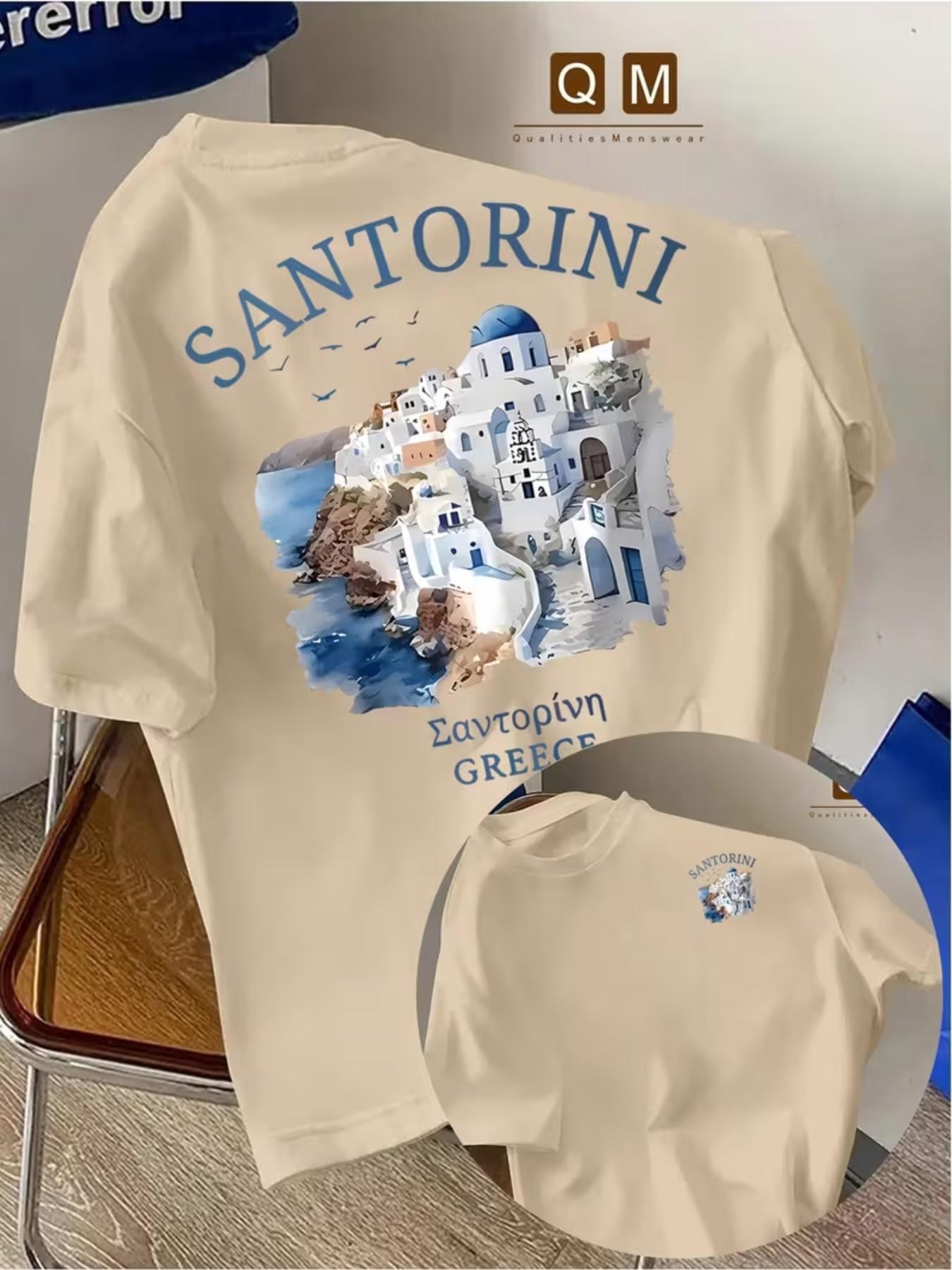 Men's Round Neck Short Sleeve T-Shirt, Greek Santorini Print, Multi-Color Options, Soft and Breathable, Casual Daily Wear