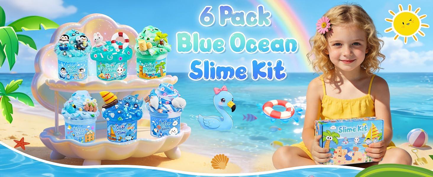 6 Pack Blue Ocean Slime, Clear Butter Cloud Slime Kits for Girls Ages 8-12, Non-Stick Kids Slime Party Favor Toys with Add-Ins, Birthday Goodie Bag Stuffers Easter Valentines Day Gifts for Kids