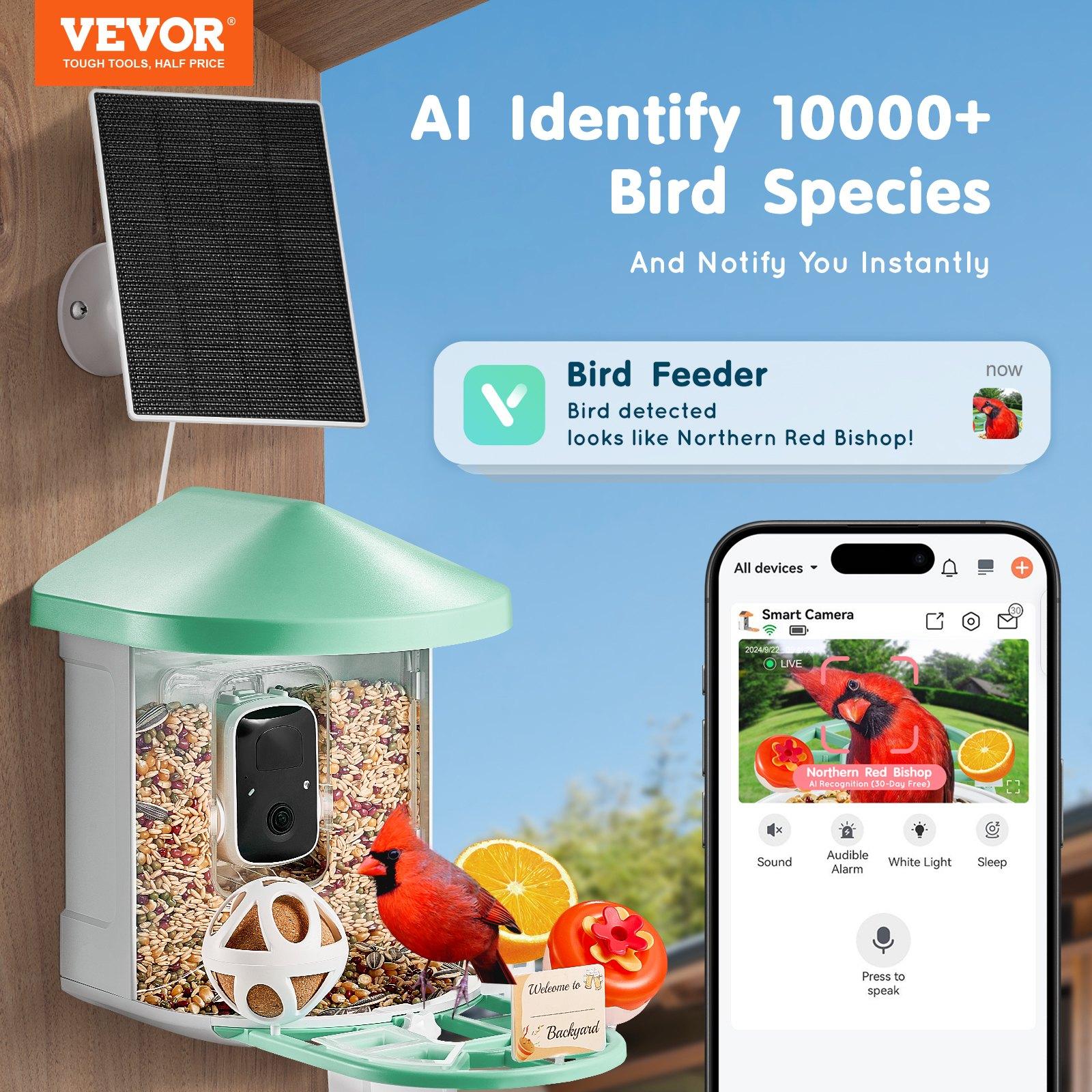 VEVOR Smart Bird Feeder with Camera, 2K HD AI Identify 10,000+ Bird Species, Solar-Powered Bird Watching Camera with Auto Capture & Instant Notify, Wireless Outdoor Ideal Gift for Bird Lovers (Green) VEVOR Smart Bird Feeder with Camera, 2K HD AI Identify 10,000+ Bird Species, Solar-Powered Bird Watching Camera with Auto Capture & Instant Notify, Wireless Outdoor Ideal Gift for Bird Lovers (Green)