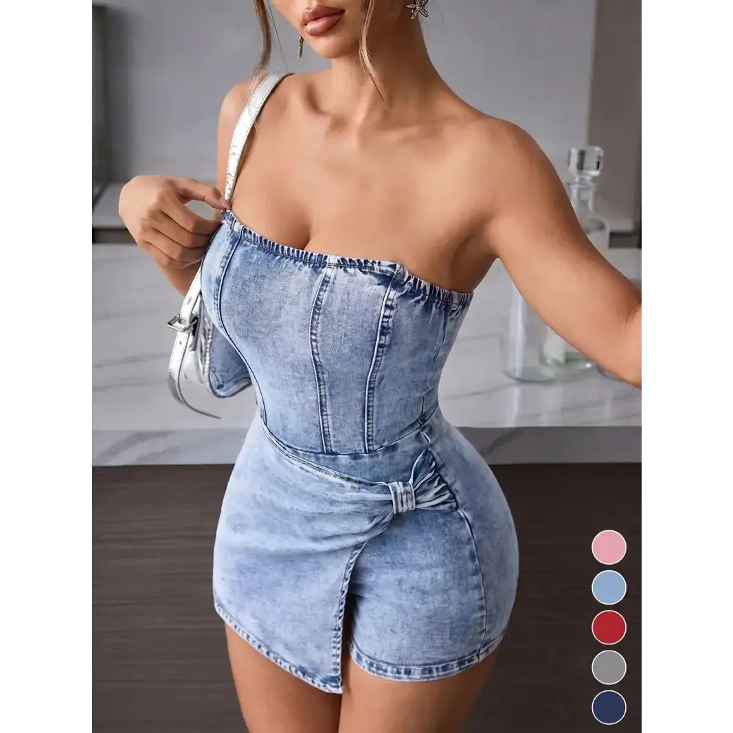 Women’s Strapless Washed Blue Corset Denim Romper - Wrap Front Skirt Overlay, Back Zipper, Bodycon Short Jumpsuit, Y2K Going Out Tops, Birthday Outfits, Concert Wear