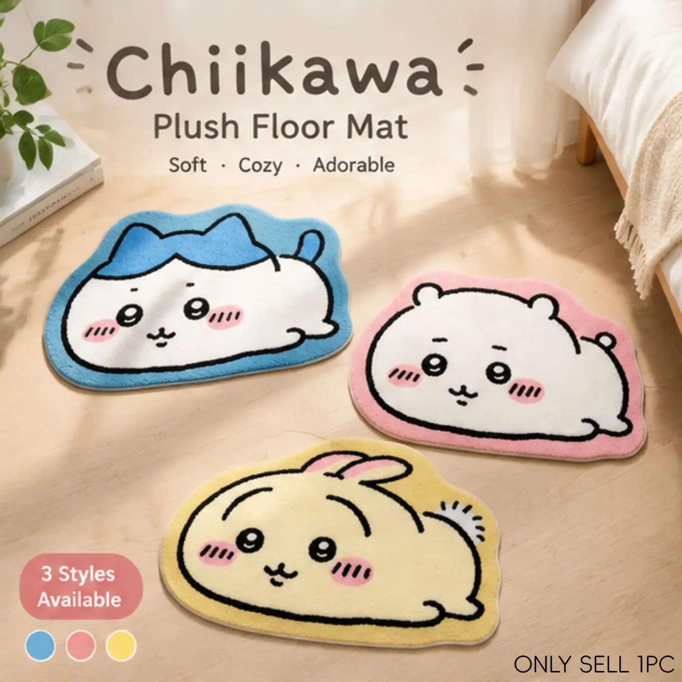 Chiikawa Fluffy Soft Floor Mat, Non Slip Absorbent Rug 23.6x15.7in, Kawaii Anime Hachiware Usagi Decor Mat for Bathroom Bedroom Entryway