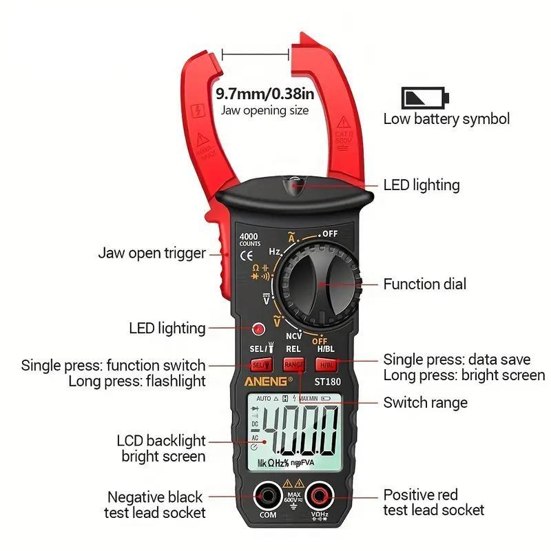 Digital Clamp Meter St180 4000 Counts, Multimeter Clip Voltmeter Ac Dc Voltage Current Tester, Universal Instrument Test Tool